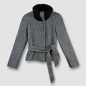 Mango Turtle High Neck Y2K Aesthetic Zip Up Gray Wool Belted Jacket Size 6